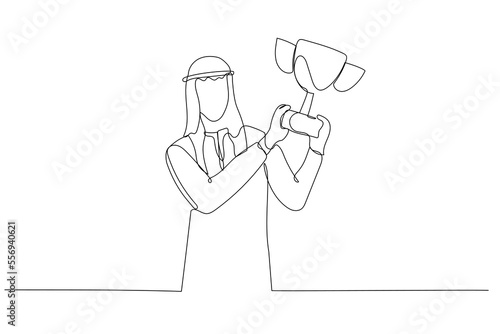 Cartoon of arab businessman raising trophy metaphor of success. Single line art style
