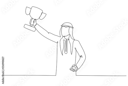 Illustration of arab businessman hold award trophy concept of successful. Continuous line art