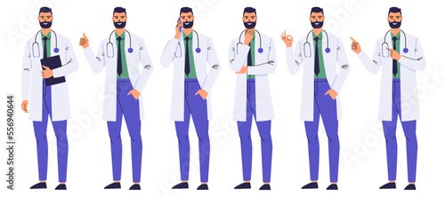 Bearded Doctor stands in various poses and gestures. Medical worker calls, thinking, showing thumb up, pointing with index fingers, ok. Man in a white coat and with a stethoscope isolated on a white.