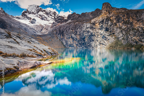 Turquoise Churup lake in Cordillera Blanca, snowcapped Andes, Ancash, Peru