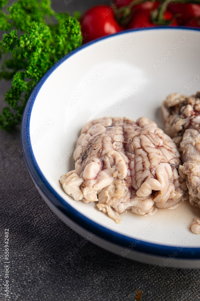 brain pork raw offal fresh meat meal food snack on the table copy space food background rustic top view