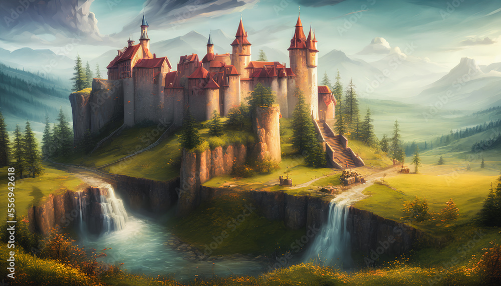 An breathtaking painting of a majestic castle set against the backdrop ...