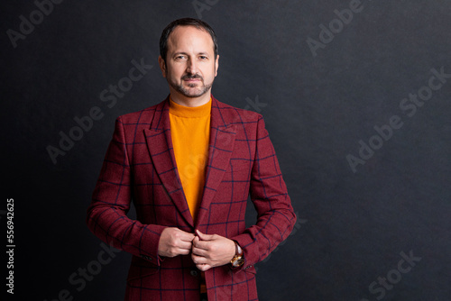 menswear for mature man, copy space. photo of mature man in stylish menswear.