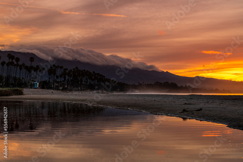 Santa Barbara shoreline, California. Sunrise Skyline and Beach.