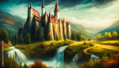 An breathtaking painting of a majestic castle set against the backdrop of a stunning waterfall. The image captures the grandeur and elegance of the castle, vibrant colors. Generative AI