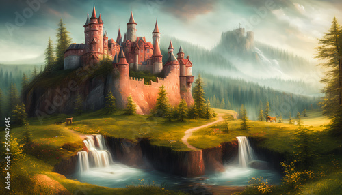 An breathtaking painting of a majestic castle set against the backdrop of a stunning waterfall. The image captures the grandeur and elegance of the castle, vibrant colors. Generative AI © 4K_Heaven