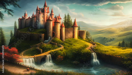 An breathtaking painting of a majestic castle set against the backdrop of a stunning waterfall. The image captures the grandeur and elegance of the castle, vibrant colors. Generative AI