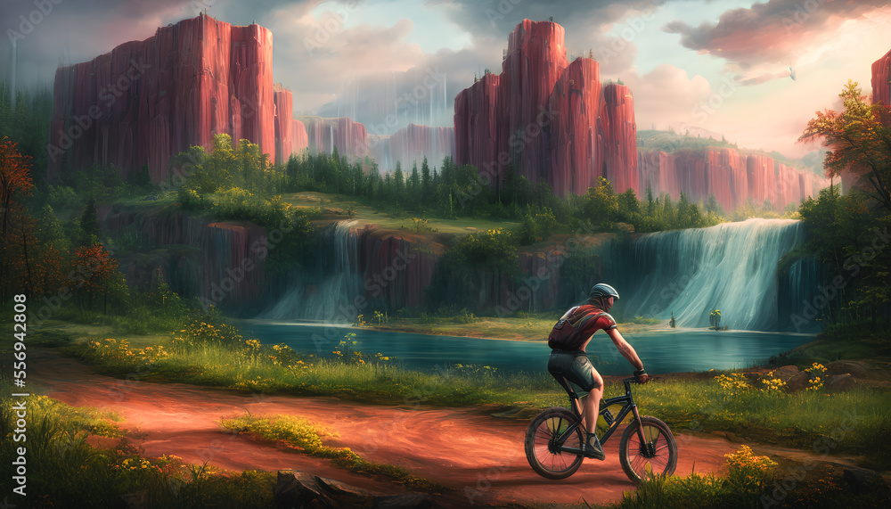 Fototapeta premium A breathtaking painting of a solitary cyclist set against the backdrop of a stunning waterfall. natural surroundings. Generative AI