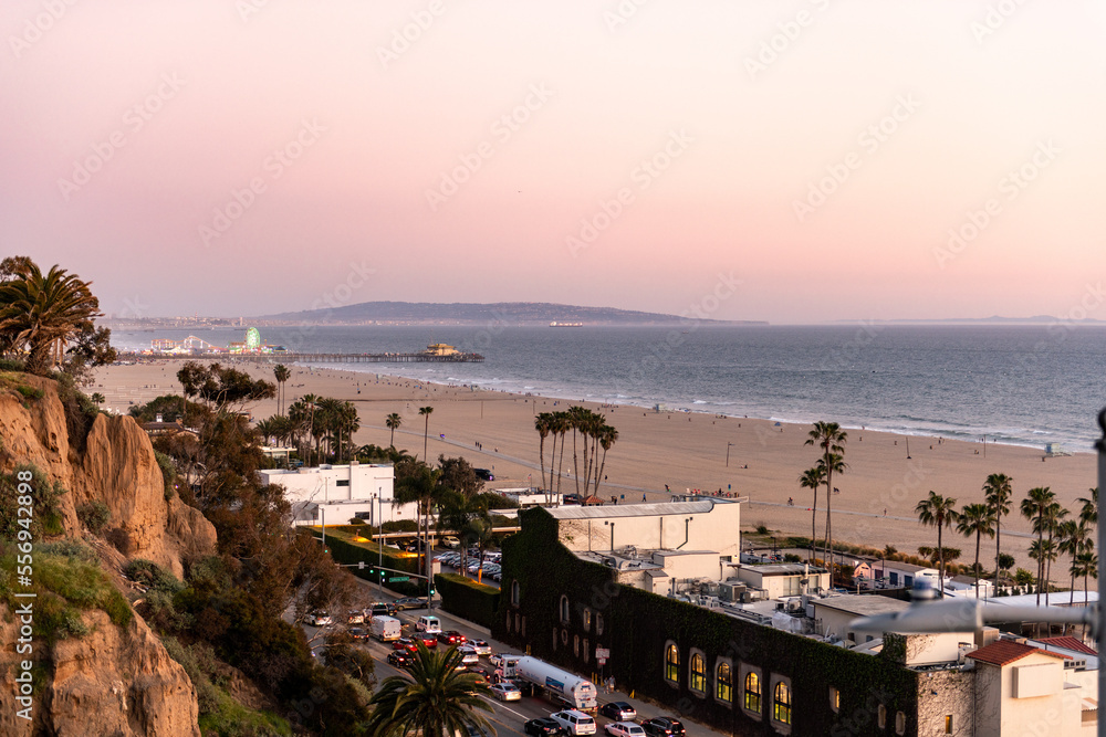 Santa Monica Beach and Sunset Light in Background.