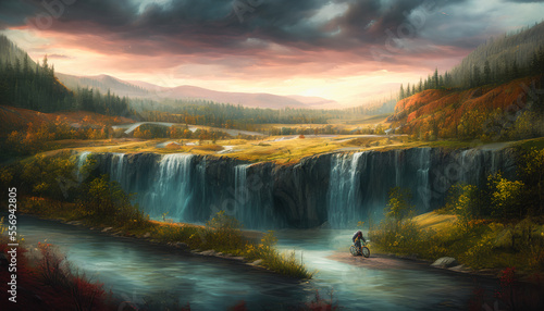 A breathtaking painting of a solitary cyclist set against the backdrop of a stunning waterfall. natural surroundings. Generative AI