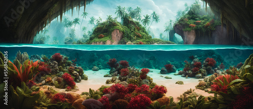 A breathtaking painting of a paradise on earth, depicting a lush, tropical island teeming with vibrant coral reefs. Generative AI © 4K_Heaven