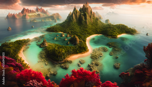 Tropical paradise, with crystal clear waters, lush vegetation, and golden sands.Vibrant colors and expert brushwork bring the scene to life. Generative AI