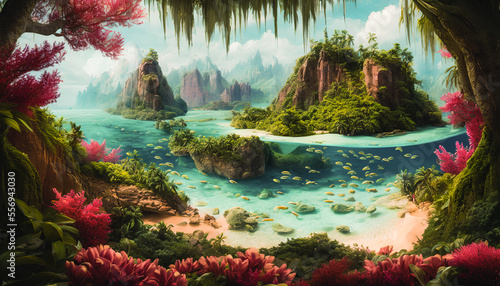Tropical paradise, with crystal clear waters, lush vegetation, and golden sands.Vibrant colors and expert brushwork bring the scene to life. Generative AI © 4K_Heaven