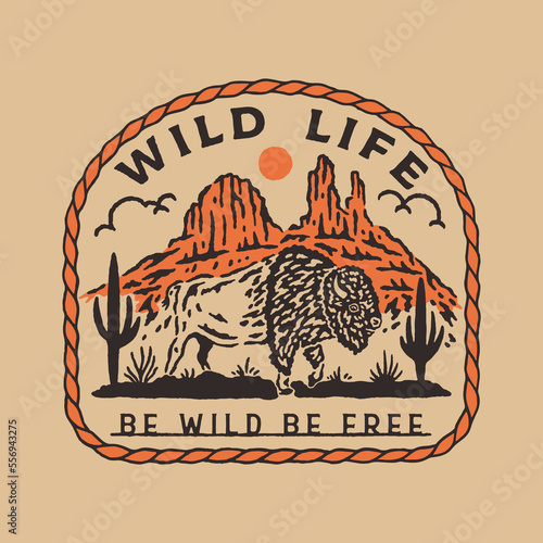 bison illustration cactus graphic badge design desert vintage buffalo t shirt