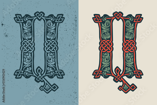 Q letter logo in medieval knots lines style. Dim colored drop cap icon. Engraved barbarian emblem.