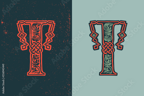 T letter logo in medieval knots lines style. Dim colored drop cap icon. Engraved barbarian emblem.