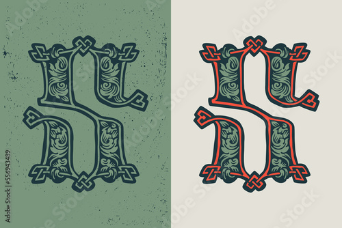 Number five logo in medieval knots lines style. Dim colored drop cap. Engraved barbarian emblem.