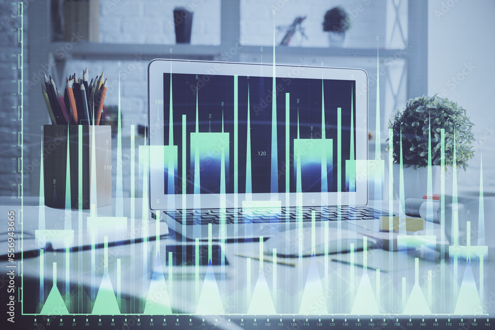 Stock market graph and table with computer background. Double exposure. Concept of financial analysis. Stock market graph and table with computer background. Double exposure. Concept of financial analysis.