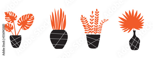 collection of modern simple posters with red plants and black pots on white background