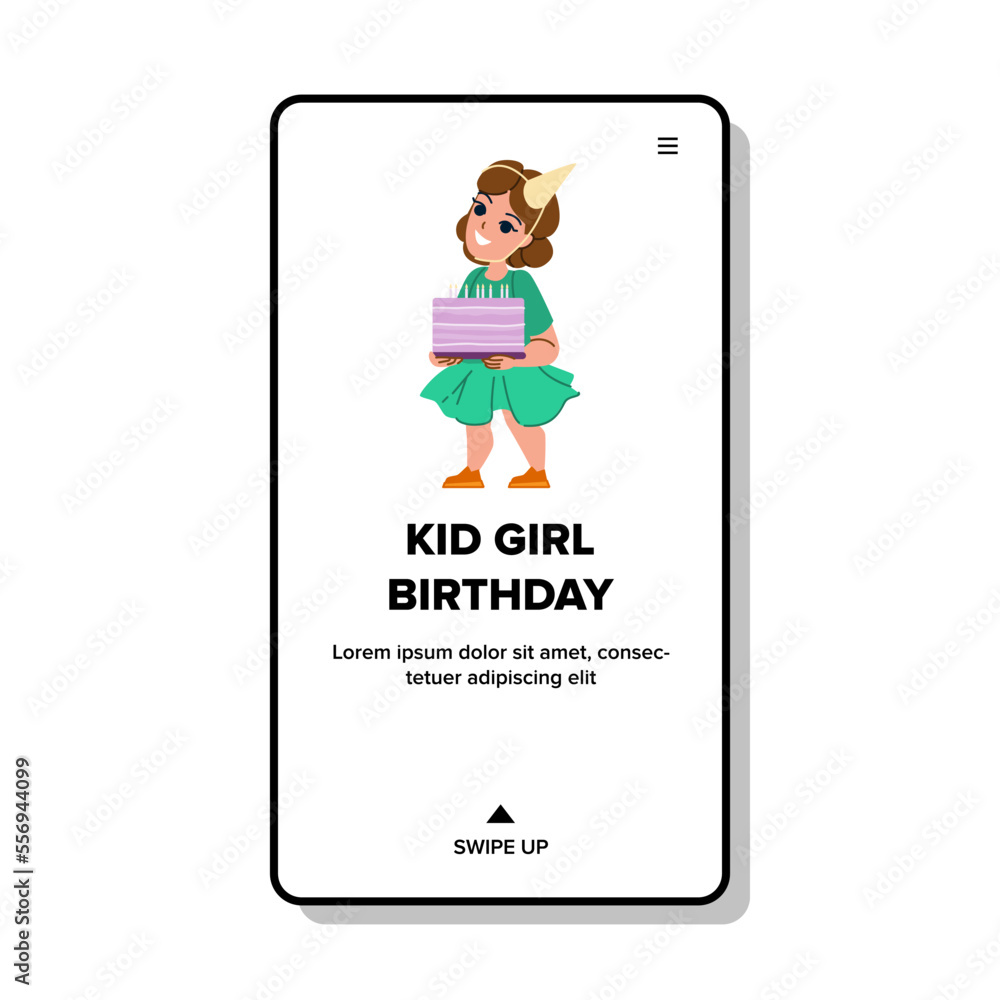 kid girl birthday vector. child party, cute happy, fun decoration, little gift, cheerful holiday, joy baby kid girl birthday web flat cartoon illustration kid girl birthday vector. child party, cute happy, fun decoration, little gift, cheerful holiday, joy baby kid girl birthday web flat cartoon illustration