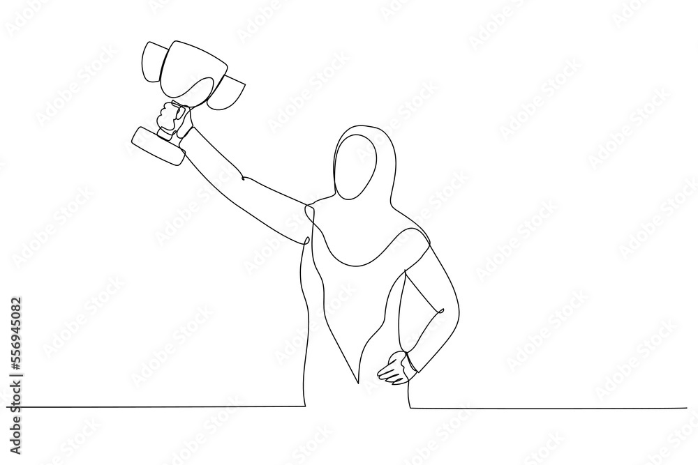Drawing of muslim businesswoman hold award trophy concept of successful. One line art style Drawing of muslim businesswoman hold award trophy concept of successful. One line art style