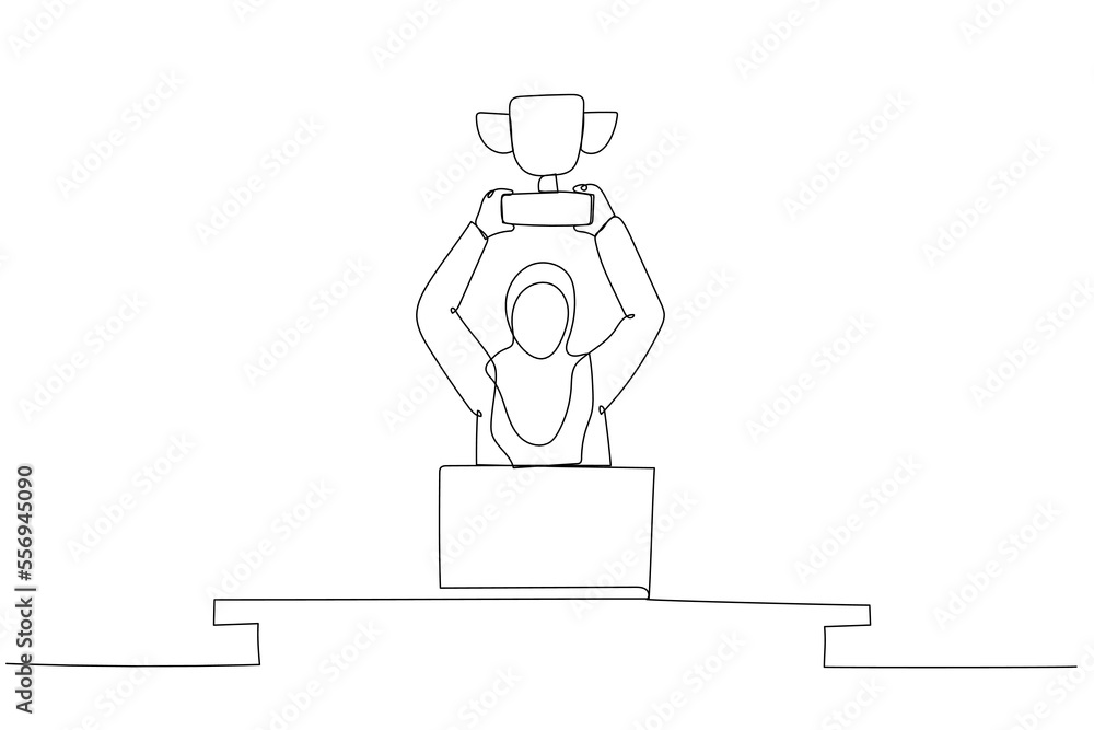 Cartoon of muslim businesswoman in office holding a trophy showing achievement. Single line art style