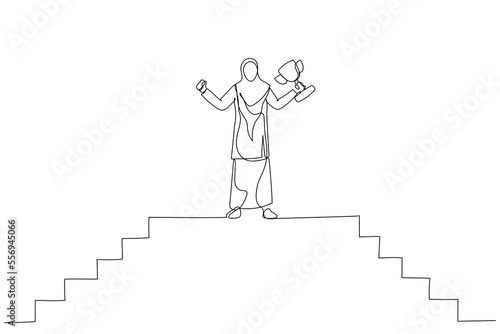 Drawing of muslim businesswoman climbing up to top of high stair way of city show hand up holding trophy. One line art style