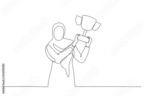 Illustration of muslim businesswoman raising trophy metaphor of success. Single continuous line art style