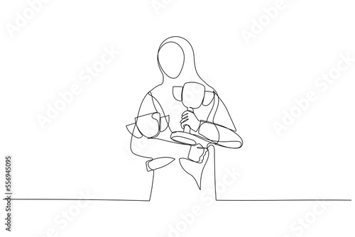 Illustration of muslim businesswoman holding many awards winning from competition. Continuous line art