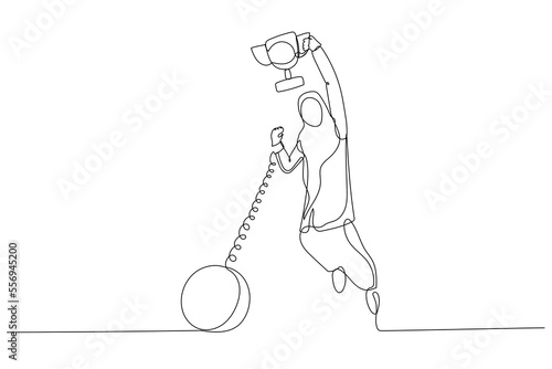 Illustration of muslim businesswoman break the chain and get the trophy prize. Continuous line art