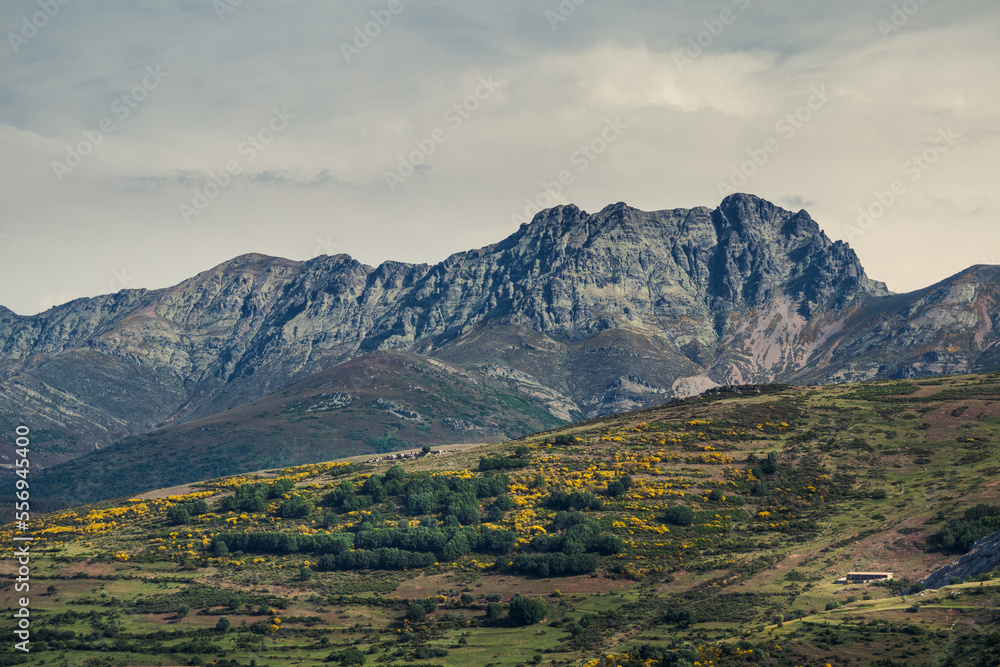 Mountain landscape photography. Route of the reservoirs in the mountains of Palencia with the Curavacas peak in the background