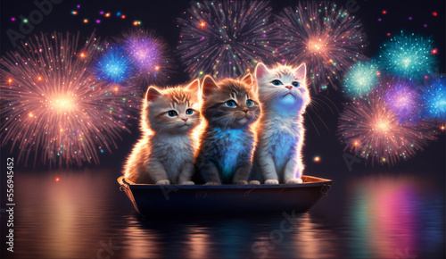 Three kittens watching fireworks from a boat