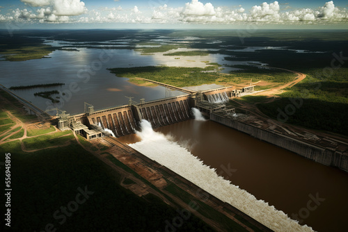 aerial view of the Parana River's Itaipu Hydroelectric Dam. Generative AI photo