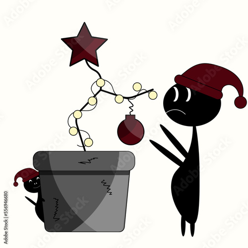 A black weirdo in a Santa Claus hat near a pot with a bare branch decorated with a Christmas ball and a star and a little man peeking out from behind the pot. A sad Christmas. 