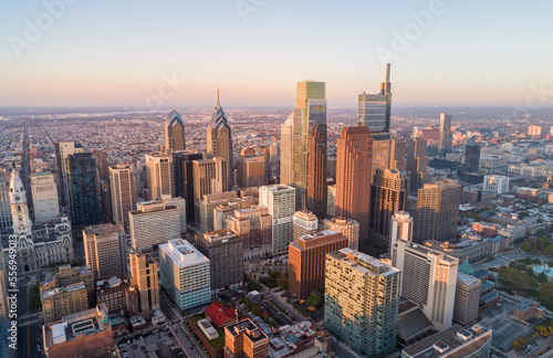 Beautiful Sunset Skyline of Philadelphia, Pennsylvania, USA. Business Financial District and Skyscrapers in Background.