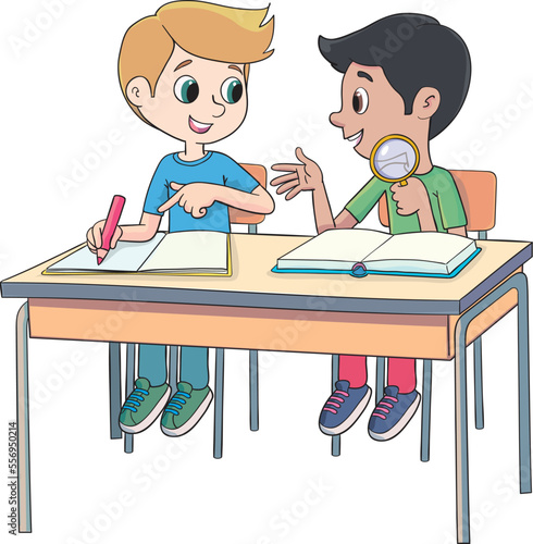 Two boy students are sitting in school desks in science class