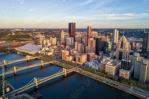 Aerial view of Pittsburgh, Pennsylvania. Business district and river in background. Three Bridges in Background © Mindaugas Dulinskas