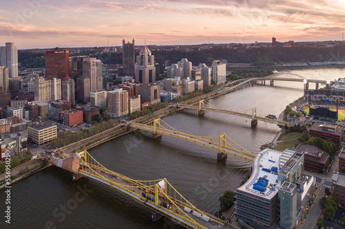 Aerial view of Pittsburgh, Pennsylvania. Business district and river in background. Three Bridges in Background © Mindaugas Dulinskas