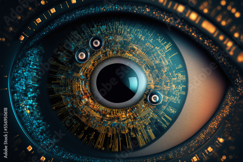 Technological human eye close up with a microchip and a computer implant in had. Humandesign, future, cyberpunk concept. Ai generated image illustration
