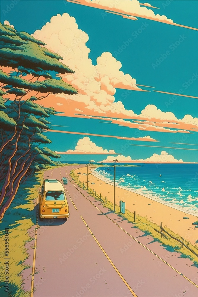 90's Japanese animation style beach landscape, retro concept