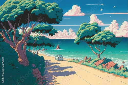 90's Japanese animation style beach landscape, retro concept illustration generated by AI