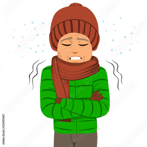 Vector illustration of elderly man feeling cold wearing warm clothes during winter. Senior male person outside in bad weather in wintertime 