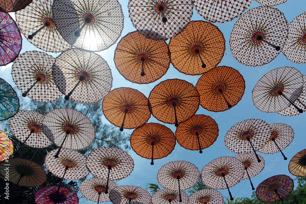 The umbrella festival in Solo, Surakarta, Central Java with variety of traditional and modern umbrellas. Colourful umbrellas and motifs