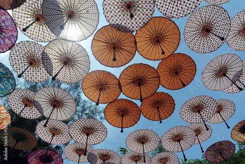 The umbrella festival in Solo, Surakarta, Central Java with variety of traditional and modern umbrellas. Colourful umbrellas and motifs