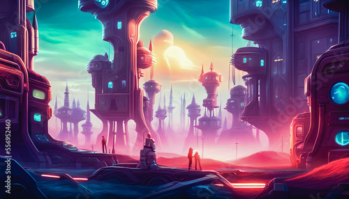 "A majestic painting of a city in the metaverse, showcasing the futuristic, virtual world with its towering skyscrapers and advanced technology. Generative AI