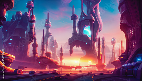 "A majestic painting of a city in the metaverse, showcasing the futuristic, virtual world with its towering skyscrapers and advanced technology. Generative AI