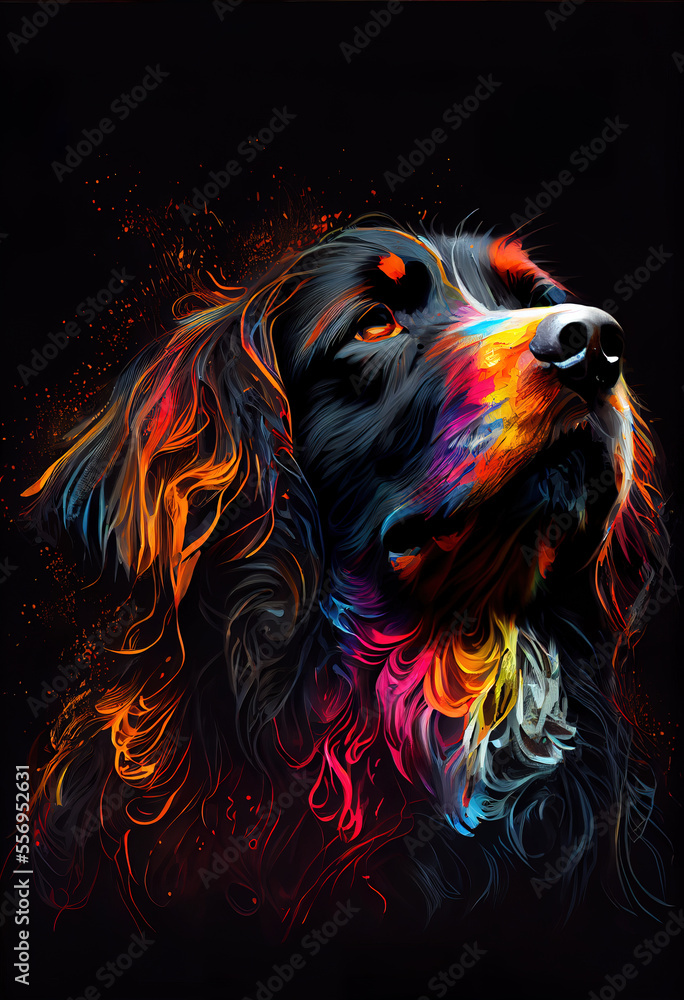 Voka art, Art painting, bright multi-colored dog in the style of pop art. Generative AI