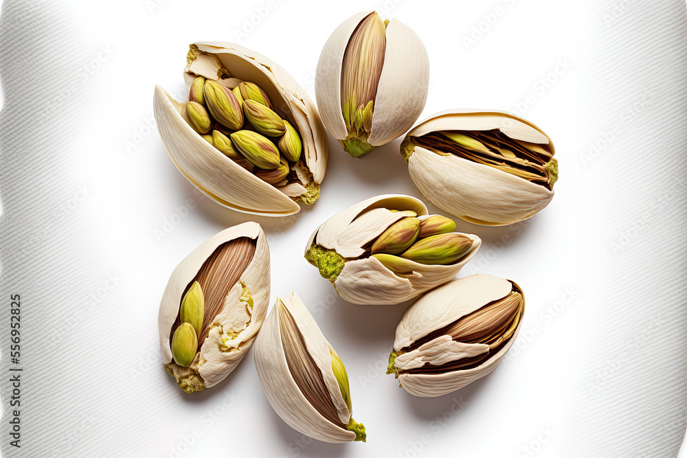 White background with isolated peeled pistachio nuts. looking up. Generative AI White background with isolated peeled pistachio nuts. looking up. Generative AI