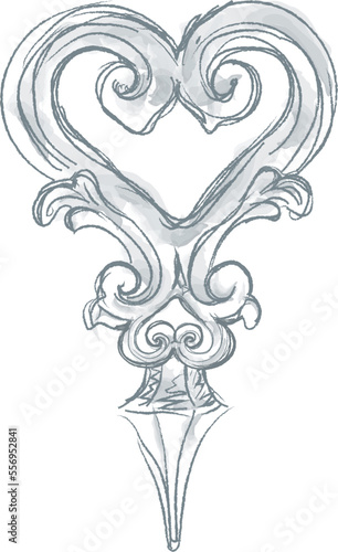 architectural elements in naive hand drawn style. Imitation of watercolor. Gypsum, stucco, forging. Monochrome vector illustration. Architecture, history, antiquity, middle ages
