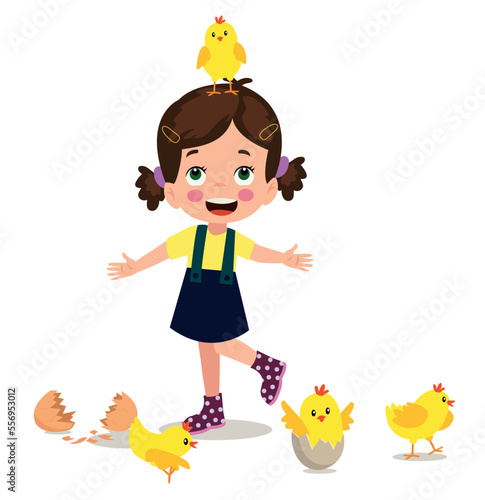 cute yellow little chicks and boy